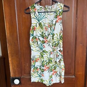 Tropical Floral Wrap Sleeveless Dress - White with Green & Pink